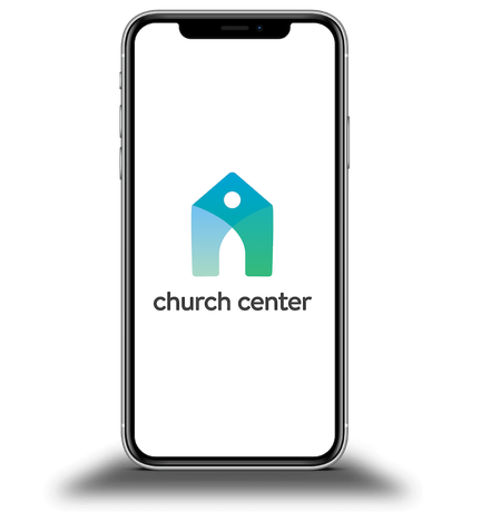 A cell phone with the church center app on the screen.