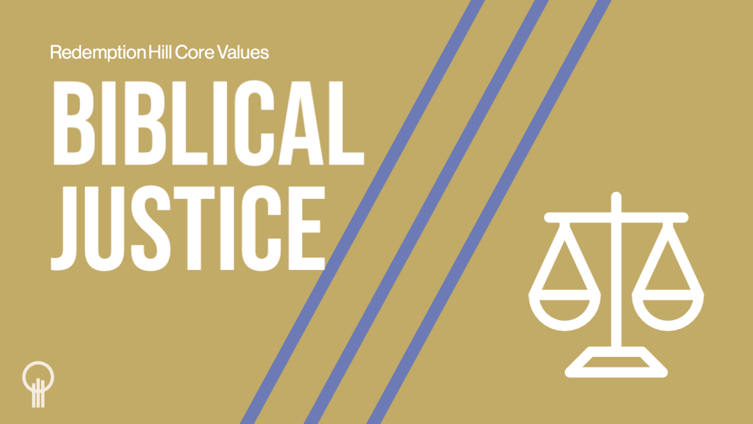 A poster that says biblical justice with a scale on it