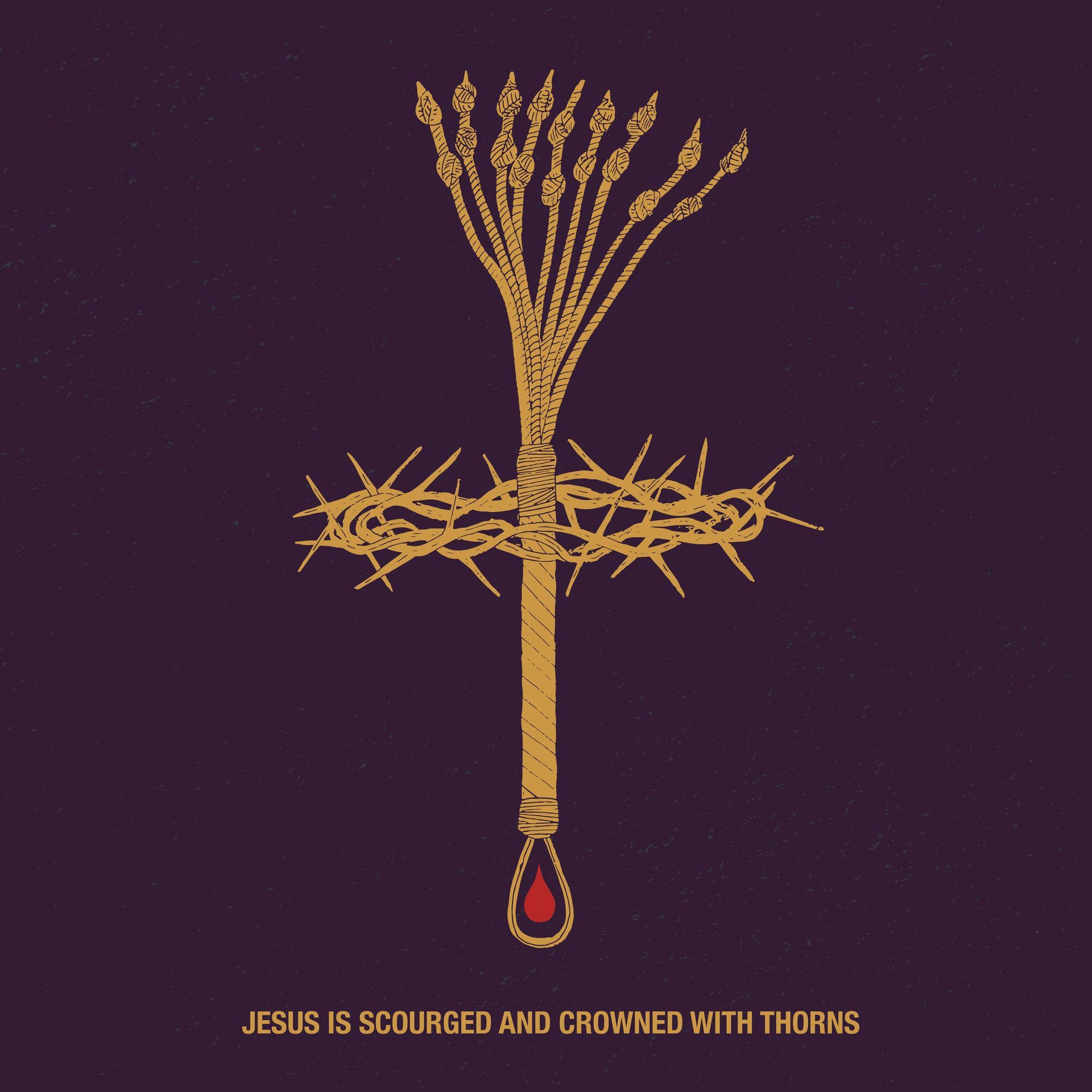 Jesus is scourged and crowned with thorns on a dark purple background