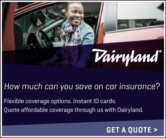 Woman in car, smiling, Dairyland car insurance. Offers flexible coverage, instant ID cards, and quotes.