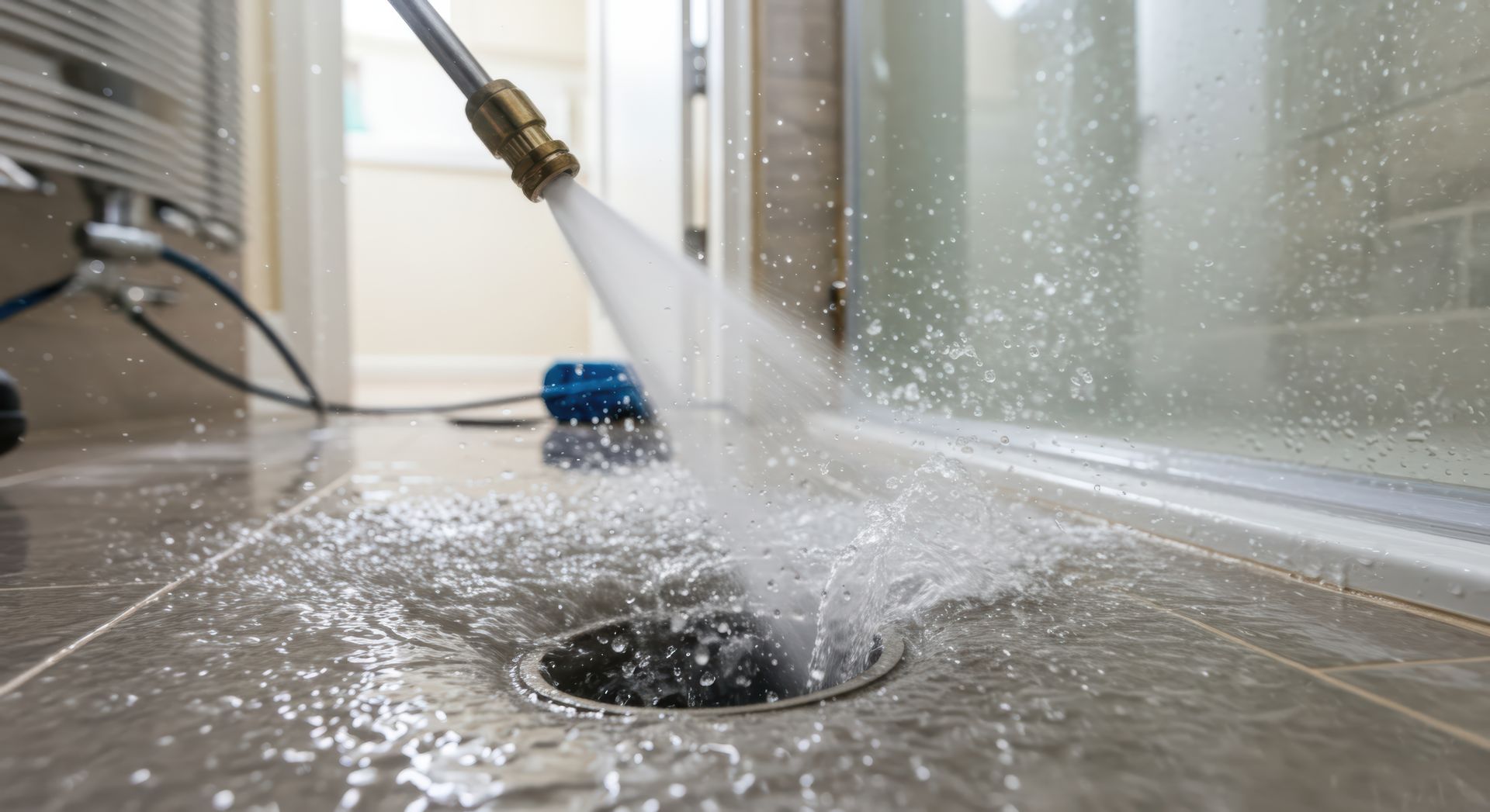 A pressure washer nozzle sprays water into a shower drain on a tiled floor.
