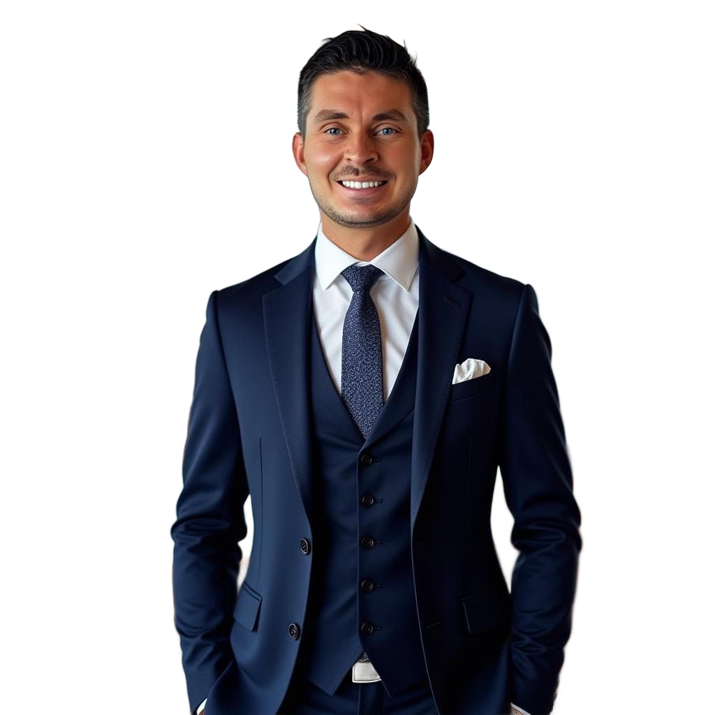 Man in blue suit smiling, hands in pockets, looking at the viewer. White background.