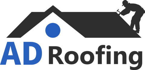 The logo for ad roofing shows a man working on a roof.