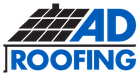The logo for ad roofing shows a man working on a roof.