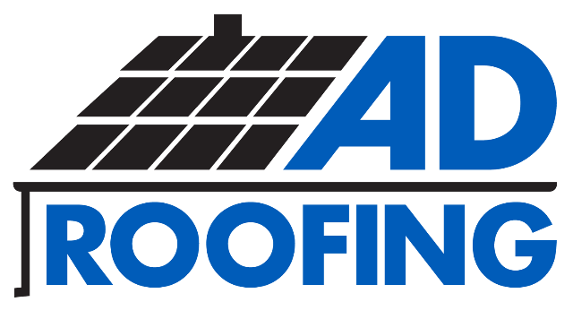 The logo for ad roofing shows a man working on a roof.
