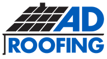 The logo for ad roofing shows a man working on a roof.
