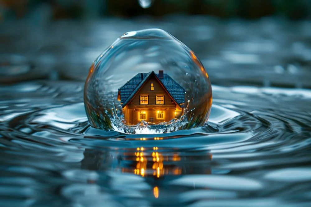A small illuminated house inside a water bubble, floating in rippled water.