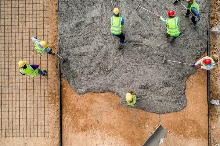 Aerial view of a concrete crew spreading and leveling wet concrete over a reinforced slab