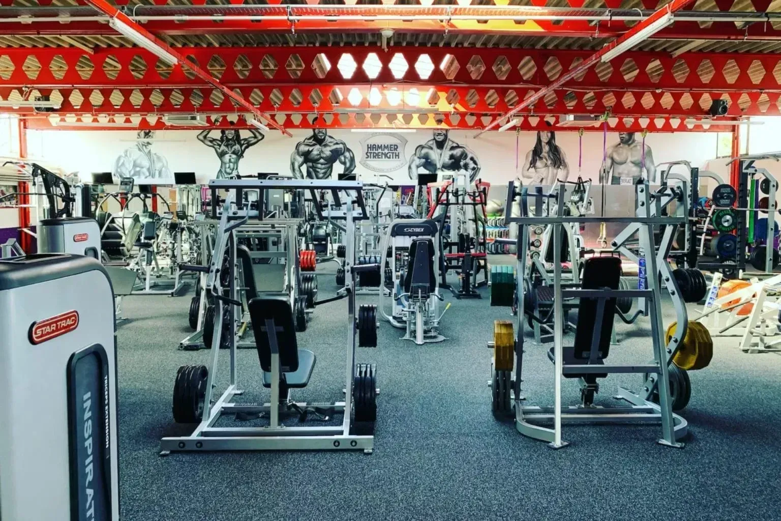 A gym interior filled with rows of weight training machines on grey flooring under a red industrial ceiling.