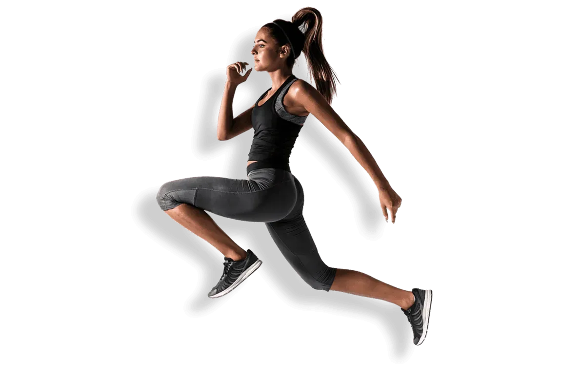 A person in athletic wear mid-air in a running stride against a plain white background.