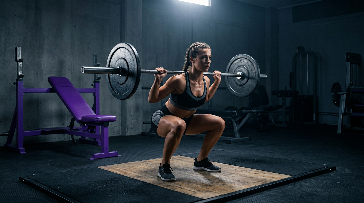 Two people deadlifting in a gym, with a purple kettlebell in the foreground.