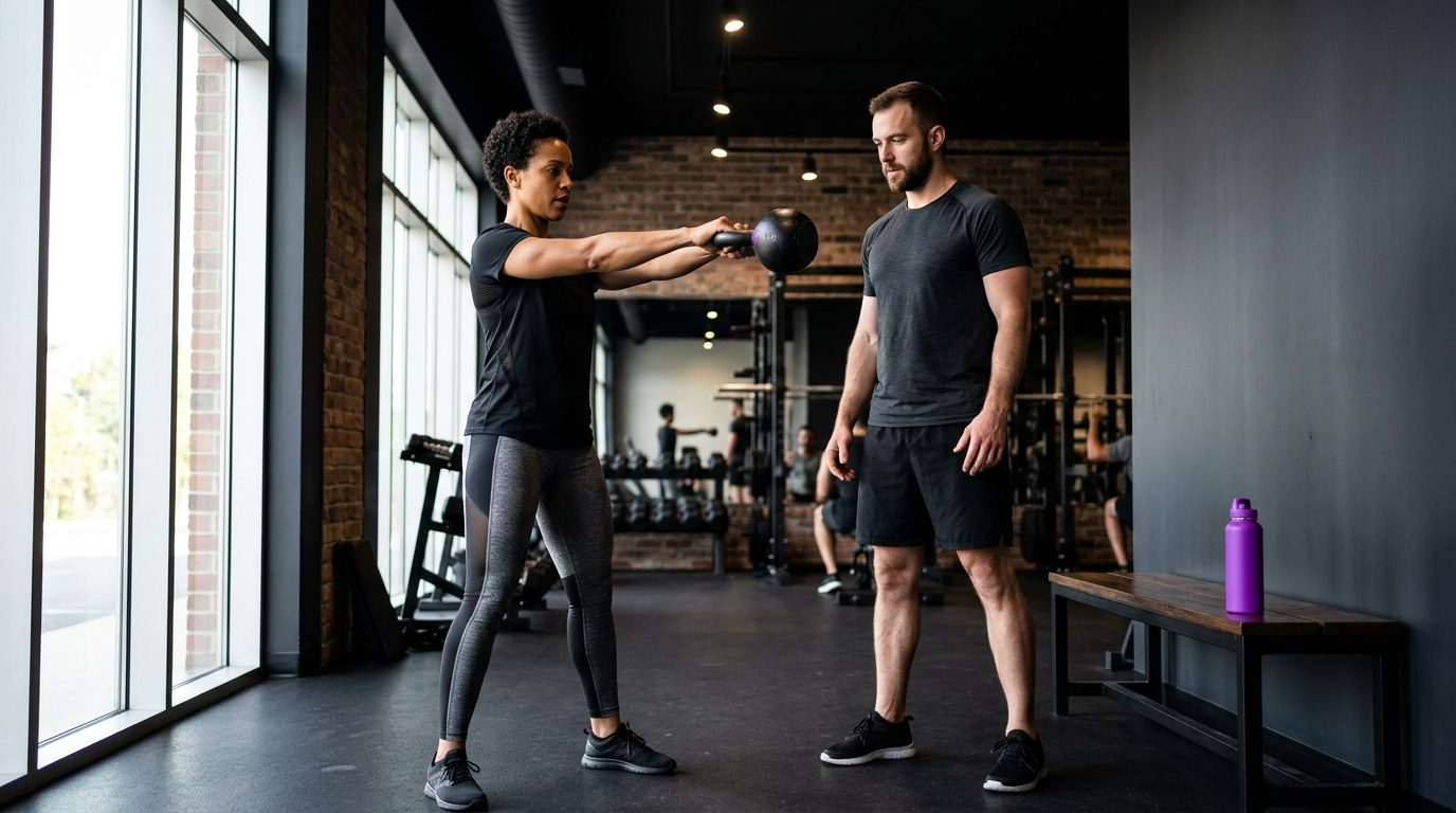 Woman doing a kettlebell swing while a trainer watches in a gym.