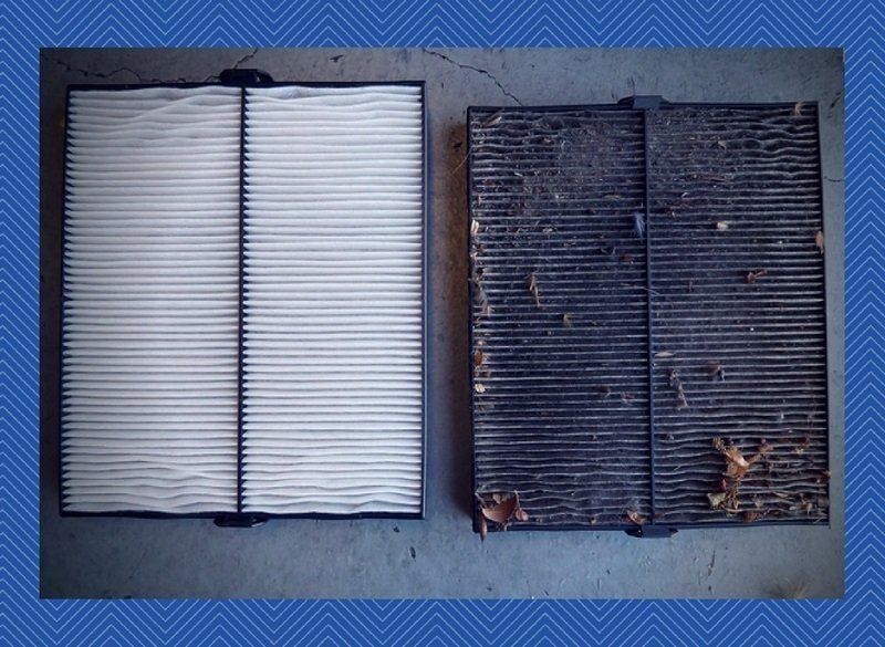 Old air conditioning cabin filter compared to a new, clean one
