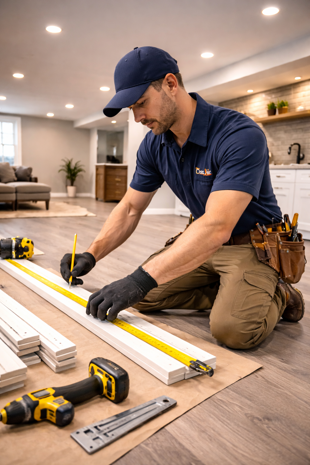 Carpenter kneeling, measuring and marking wood trim in a basement with tools.