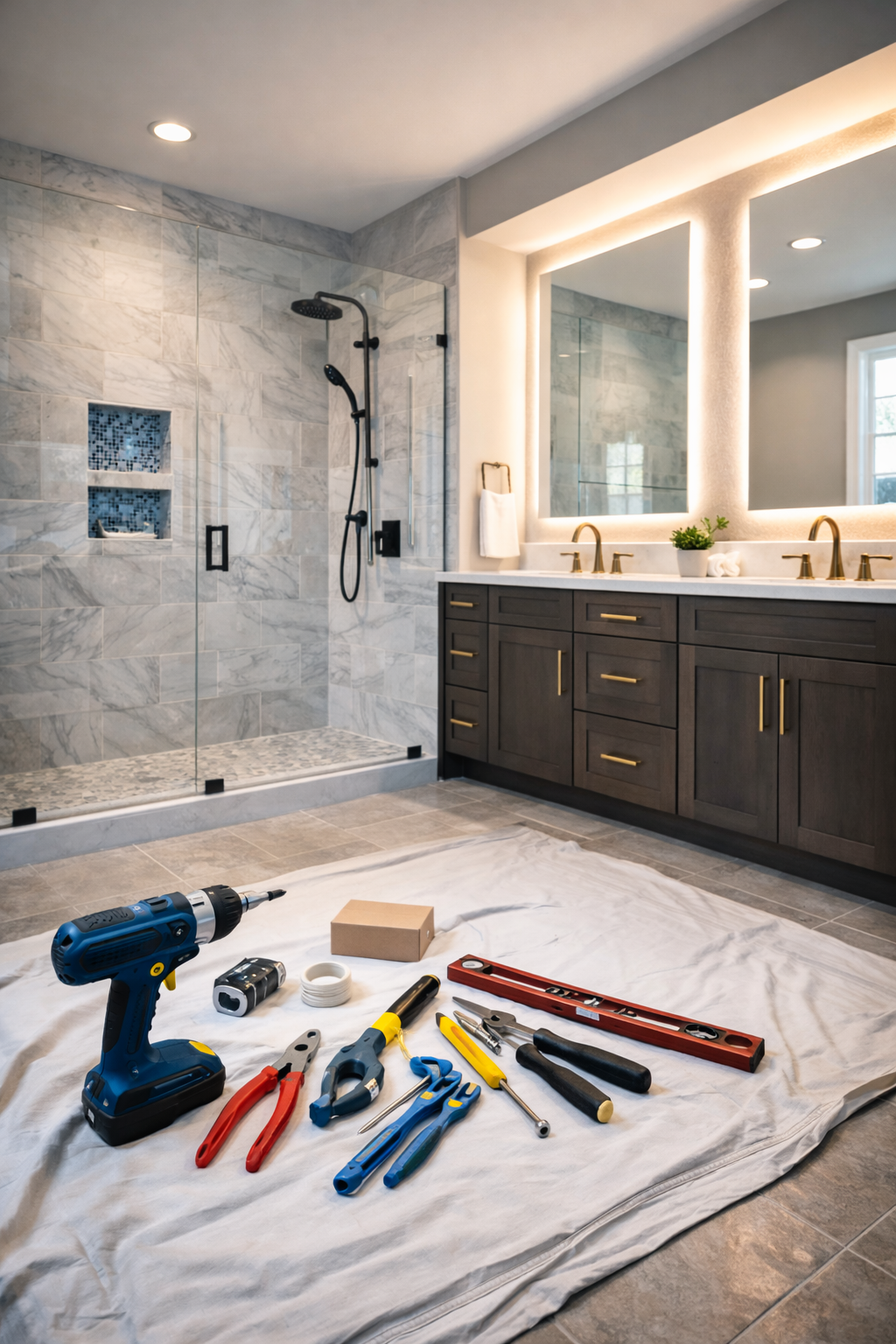 Bathroom renovation in progress: tools on a drop cloth in front of a shower and double vanity with mirrors.