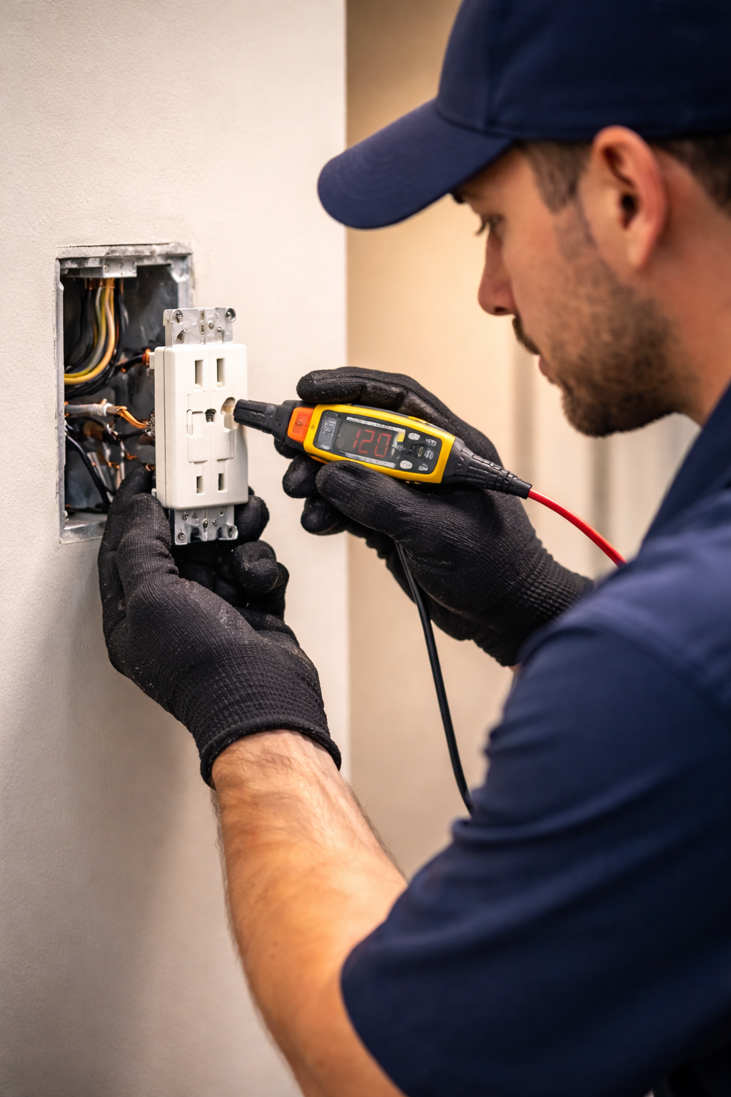 Electrician testing an electrical outlet with a voltmeter, wearing black gloves and a blue cap, indoors.