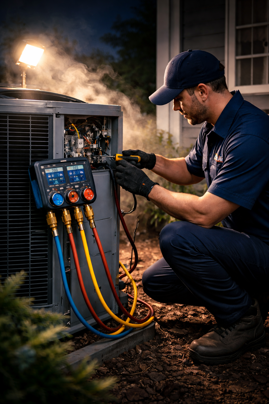 HVAC technician kneeling at outdoor unit, working on components with tools. Illuminated by a work light, with hoses attached.