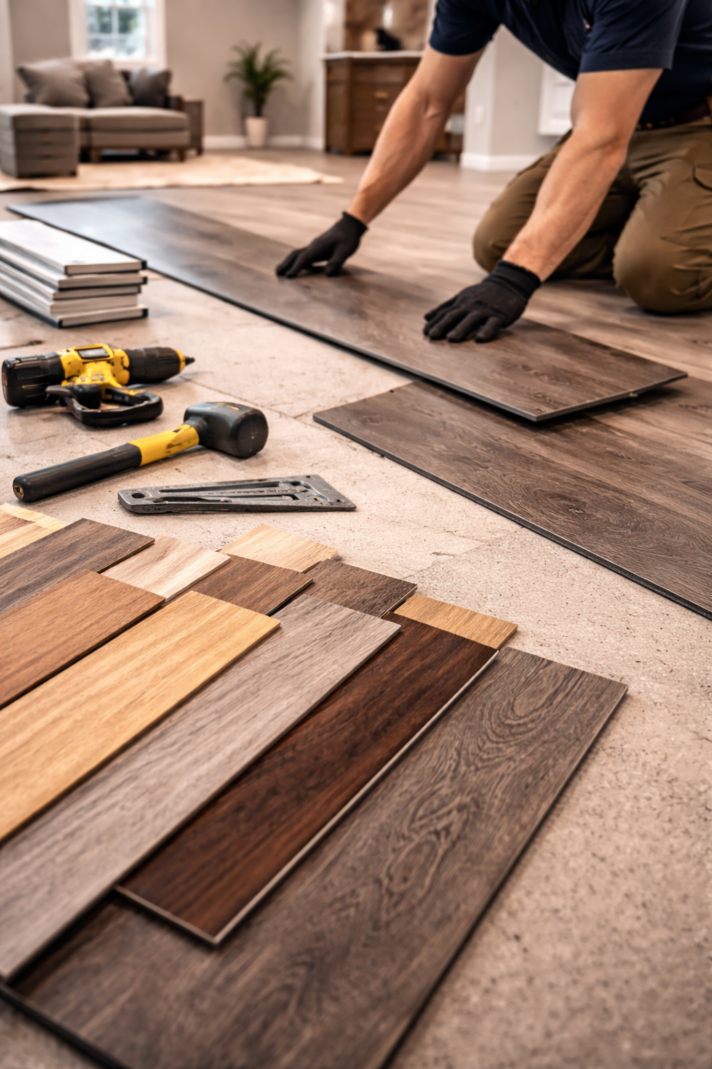 Person installing wood-look flooring, kneeling. Tools and sample planks nearby.
