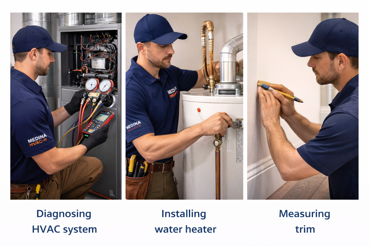 Technician diagnoses HVAC, installs water heater, and measures trim.
