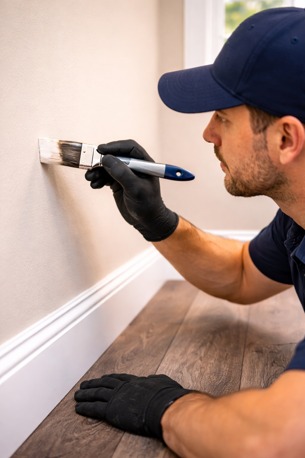 Person paints around an electrical outlet on a beige wall, wearing gloves and a cap.