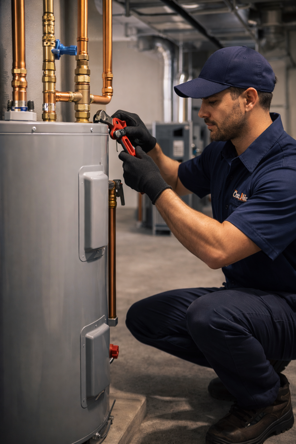 Plumber in navy work clothes, gloves, and cap, using a wrench on a water heater in a utility room.