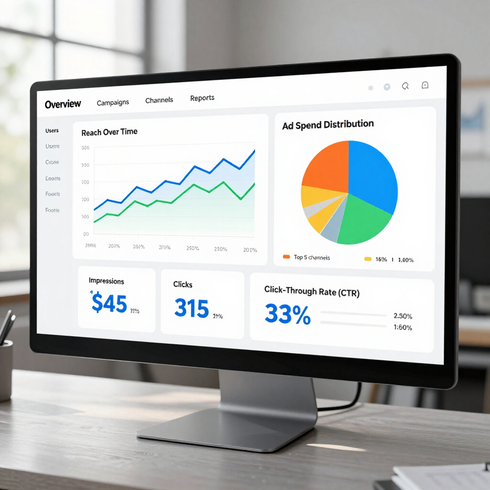 Desktop monitor displaying an analytics dashboard 
