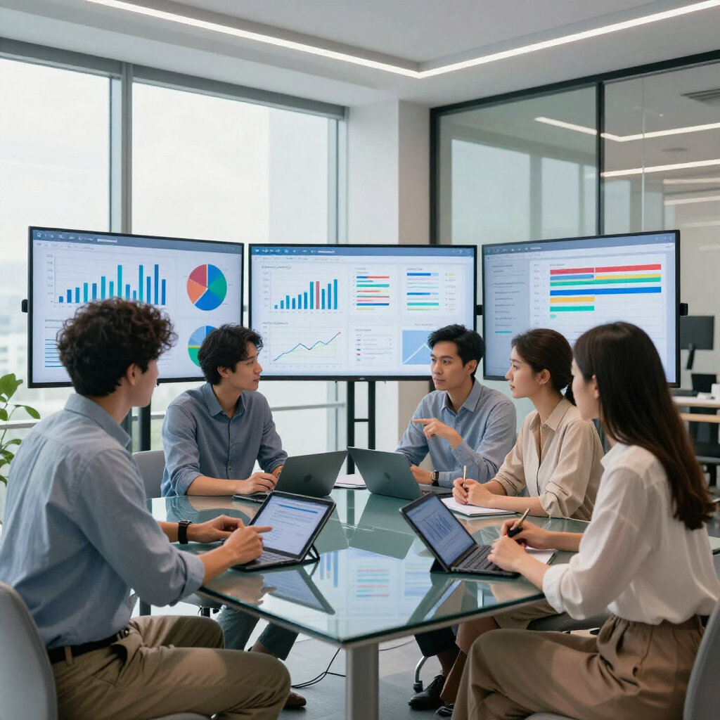 Team meeting in a glass office, reviewing analytics on three wall-mounted dashboards.
