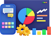 Colorful app analytics dashboard with phone, pie chart, gears, and rising bar and line graphs