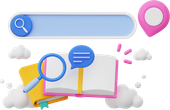 Stylized search icons over an open book, with magnifying glass and speech bubble on a white background