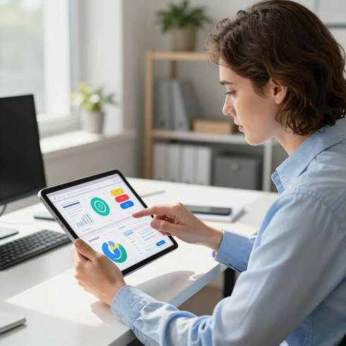 Person using a tablet with analytics dashboard 