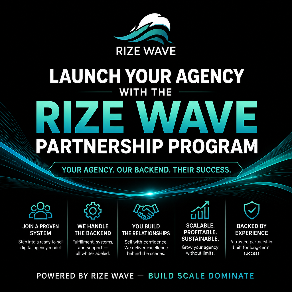 Promotional poster for Rize Wave partnership program, with bold turquoise and white text on black background.