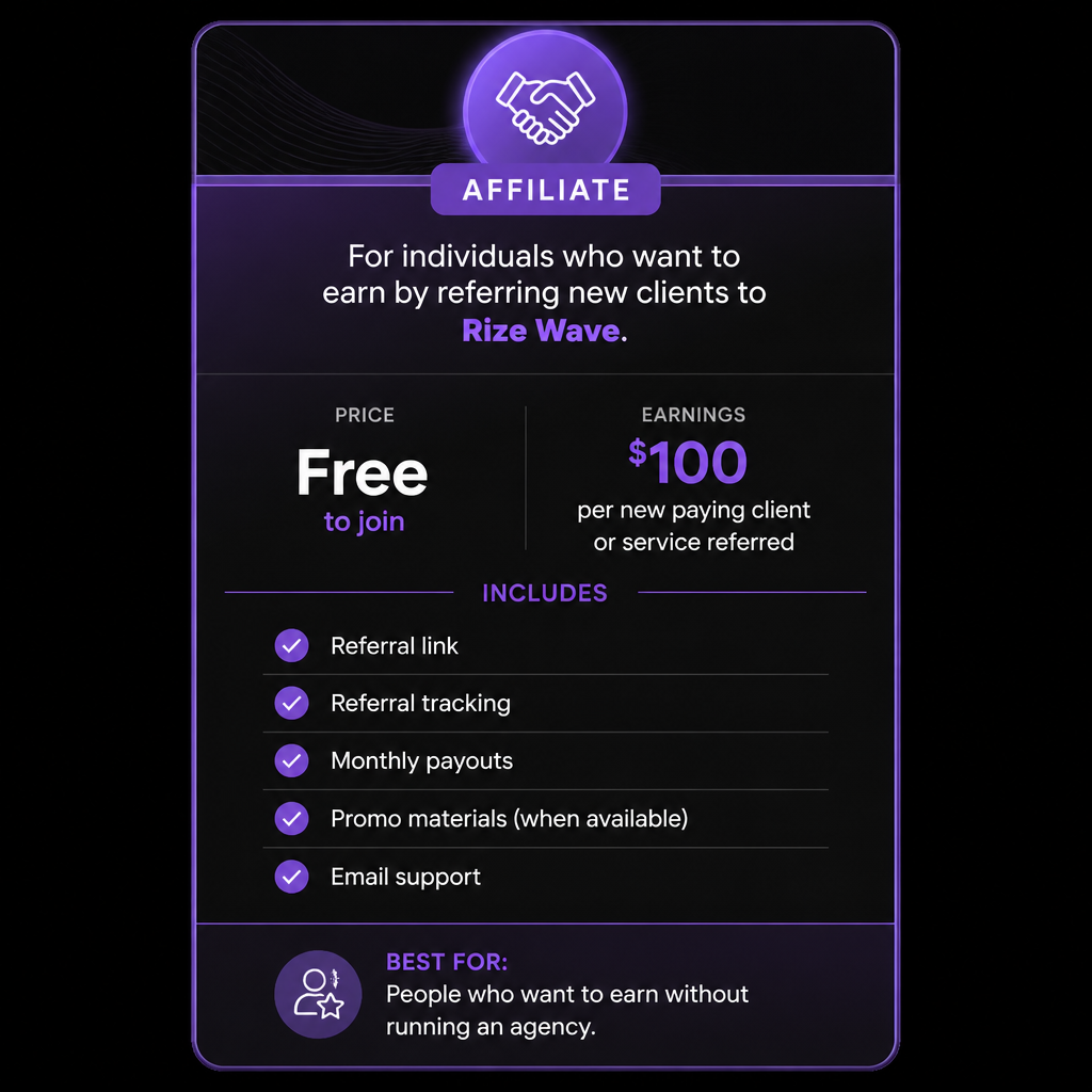 Purple affiliate promo card offering free signup, 100% commission, and benefits for referring clients to Rize Wave.