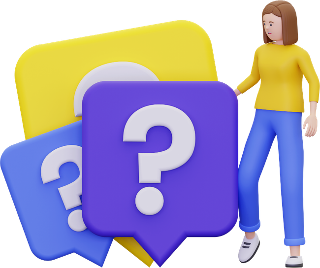 Colorful speech bubbles with question marks beside a person standing with a hand raised