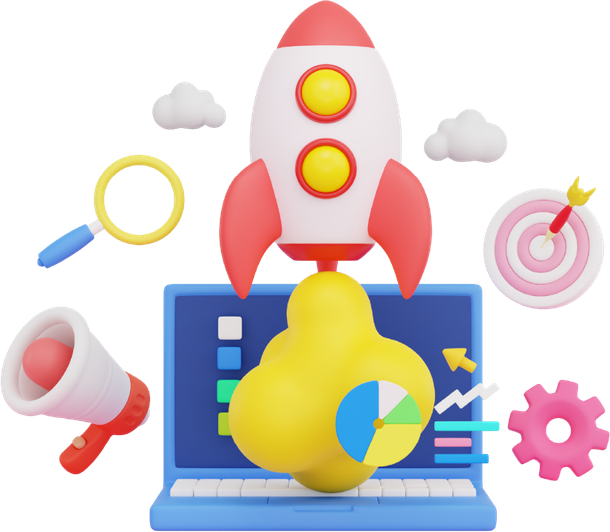 Rocket launching from a laptop with analytics icons, target, megaphone, magnifier, gear, and cloud graphics