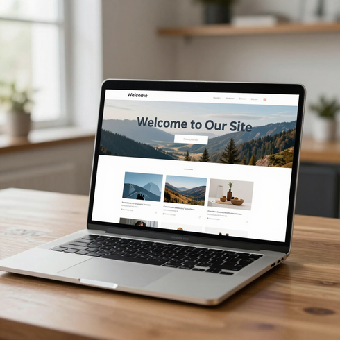 Laptop on a wooden desk displaying a travel website 