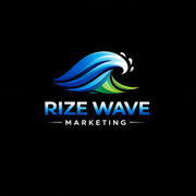 Blue, teal, and green wave logo with &ldquo;RIZE WAVE MARKETING&rdquo; on a black background