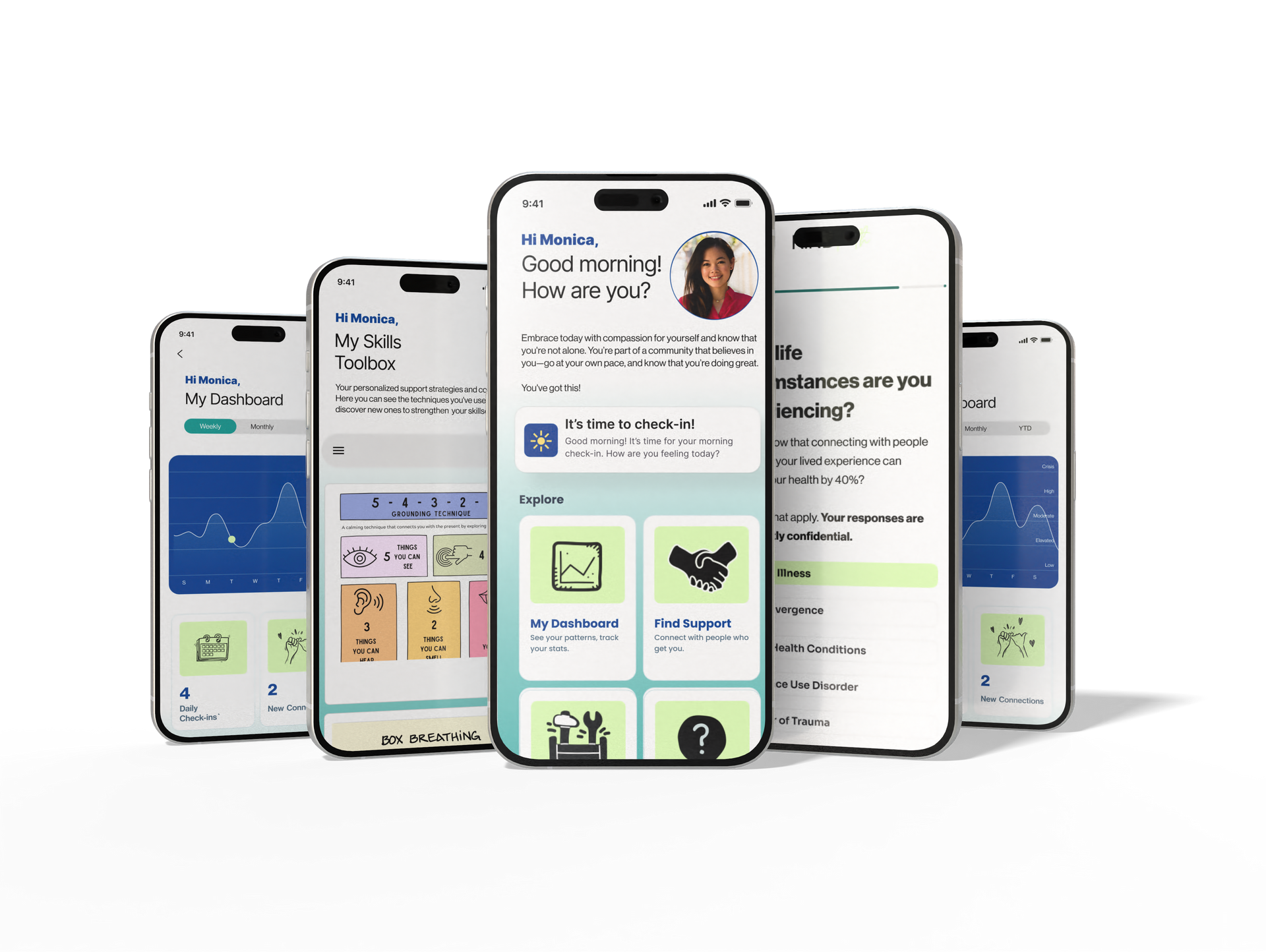 Three phones are displaying different screens of a website.