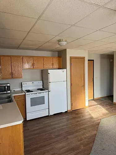 Kitchen with wooden cabinets, white appliances, and laminate flooring. Two interior doors lead to a hallway.