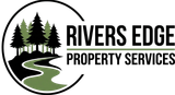 Logo for Rivers Edge Property Services: Trees and river within a black circle; text reads "Rivers Edge Property Services."