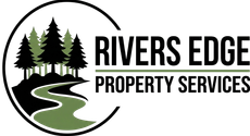 Logo for Rivers Edge Property Services: Trees and river within a black circle; text reads "Rivers Edge Property Services."