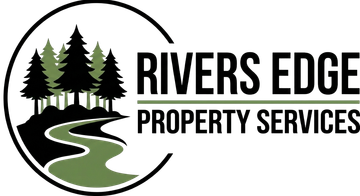 Logo for Rivers Edge Property Services: Trees and river within a black circle; text reads "Rivers Edge Property Services."