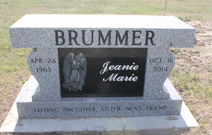 Brummer gravestone with angel engraving and name Jeanie Marie, dated Apr. 24, 1963 and Oct. 16, 2014