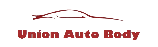 a red and white logo for union auto body with a silhouette of a car .