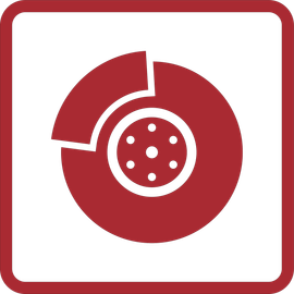 a red and white icon of a brake disc in a square .