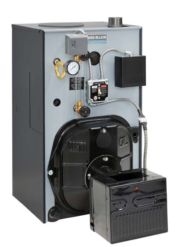 A gray and black boiler with a black box next to it on a white background.