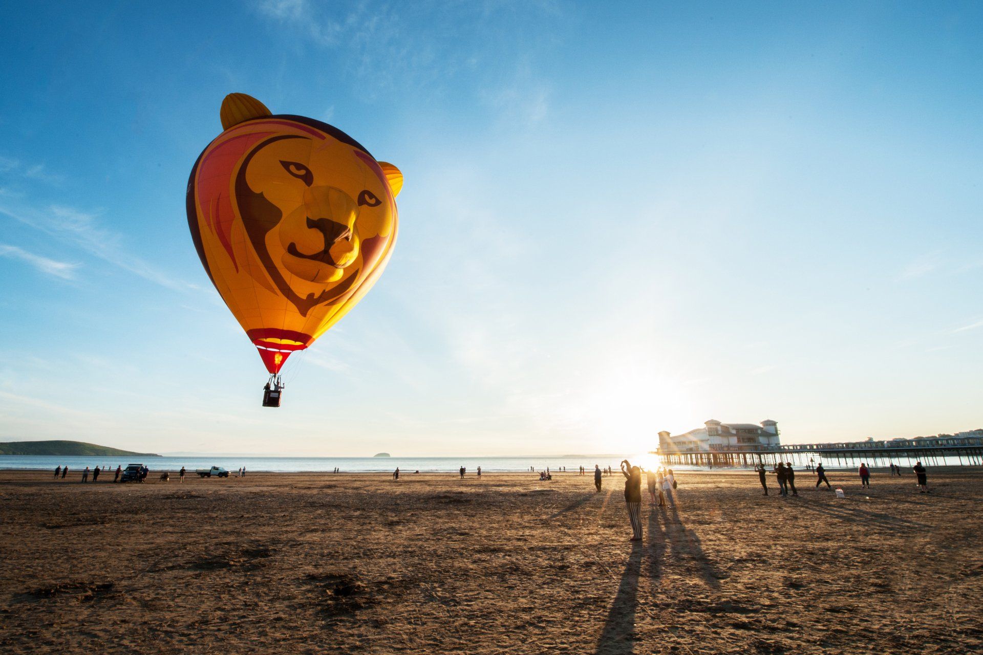 Hot air balloon over Weston-super-Mare beach
