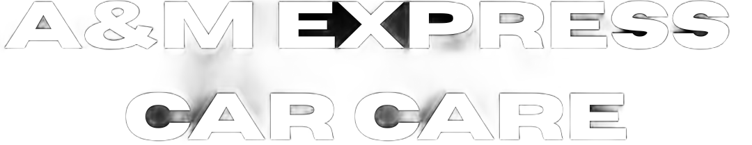 A&M EXPRESS car care logo. Black arrow pointing right, white lettering on a blurred background.