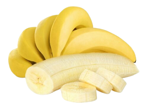 A bunch of bananas and a sliced banana on a white background