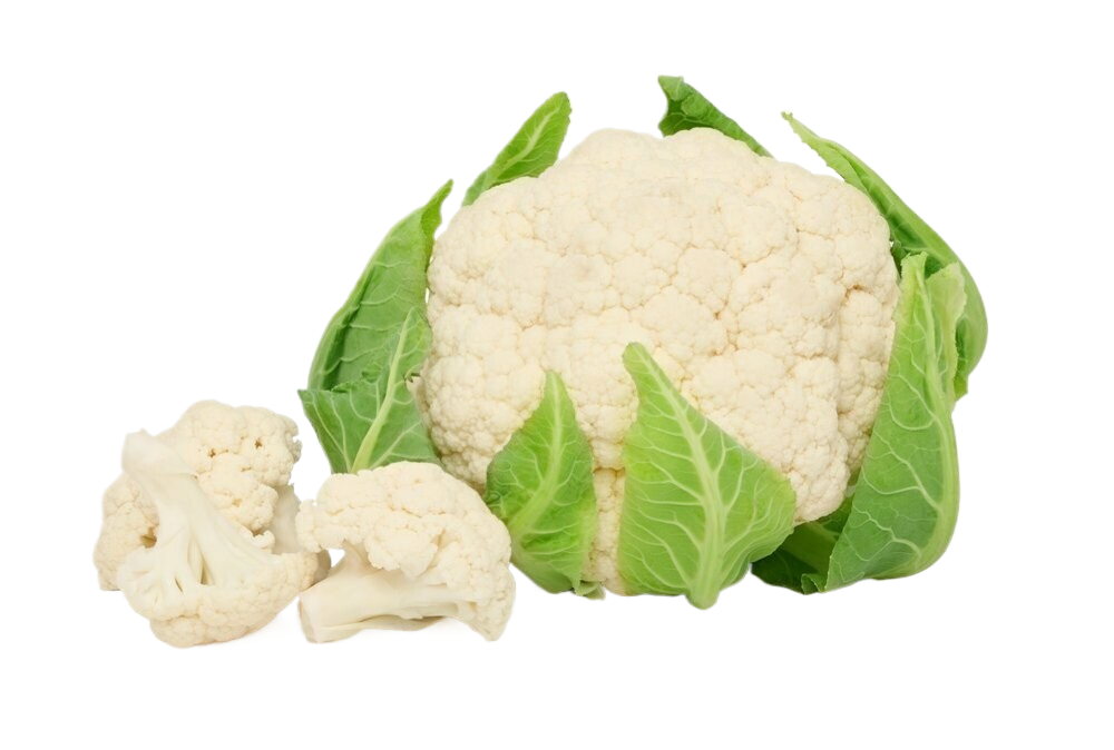 A head of cauliflower with green leaves on a white background