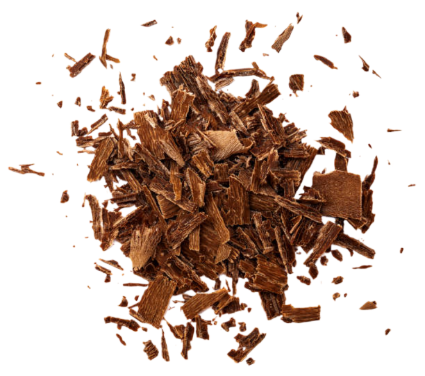 A pile of chocolate flakes on a white background